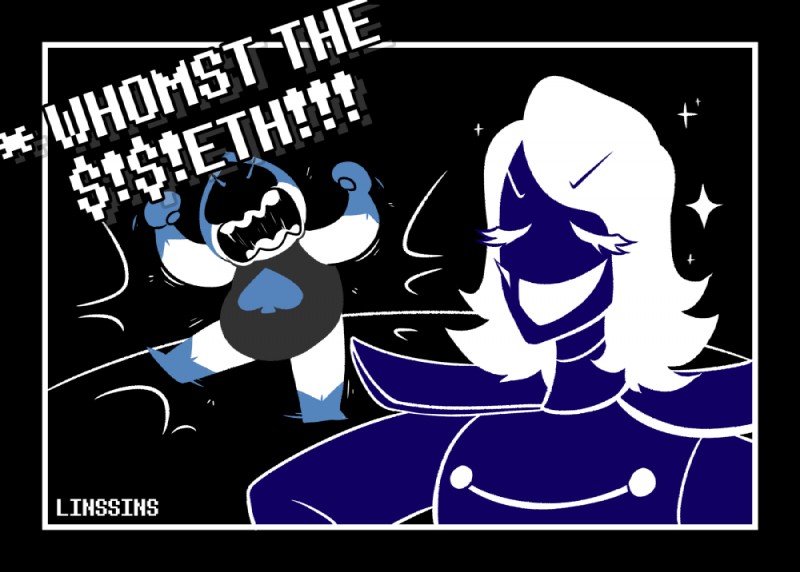 duo goo-connected_lips hair long_hair mouth_coming_off_face not_furry profanity simple_background spades_(suit) suit_symbol text linssins deltarune undertale_(series) lancer_(deltarune) rouxls_kaard darkner humanoid 2018 english_text