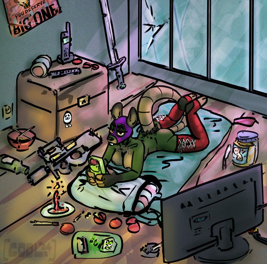 abandoned anthro breasts candle clothing detailed_background drugs electronics female food gun leggings legwear marijuana melee_weapon nude p90 peanut_butter ranged_weapon relaxing solo submachine_gun sword television weapon cool. babybel game_boy game_boy_family nintendo eggdog netto_(cool.) hybrid