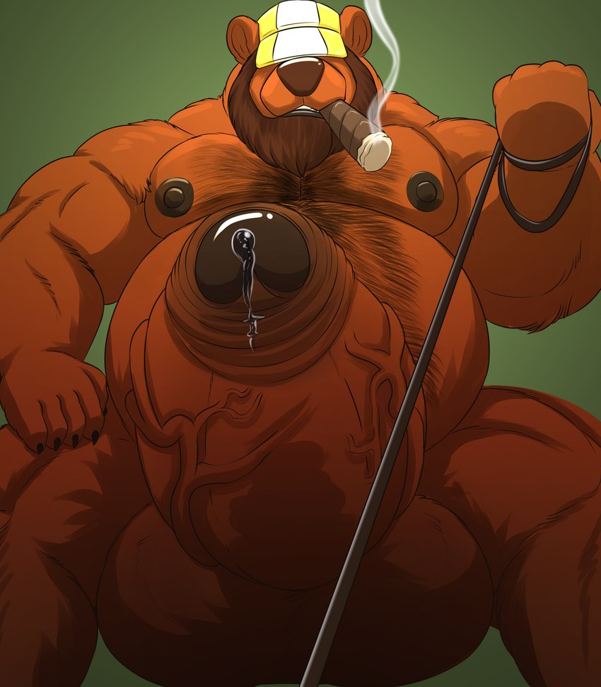 anthro armor balls beard belly belly_hair belly_overhang big_balls big_belly big_penis bodily_fluids body_hair brown_body chest_hair cigar cum dripping erection facial_hair first_person_view foreskin fur genital_fluids genitals hair hairy hard_hat headgear helmet huge_balls huge_belly huge_cigar huge_penis humanoid_genitalia humanoid_penis hyper hyper_balls hyper_genitalia hyper_penis leaking_precum leash leash_pull leashed_pov looking_at_viewer male muscular muscular_anthro muscular_male nipples nude obese overweight overweight_anthro overweight_male pecs penis precum precum_drip precum_on_penis simple_background smoking smoking_cigar solo vein veiny_penis galvinwolf brent_(n0rdbara) bear hybrid mammal mephitid skunk absurd_res digital_media_(artwork) hi_res