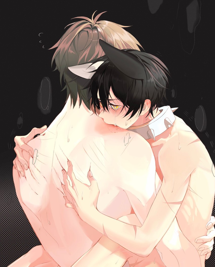 arm_scar back_scar bangs bent_legs big_dom_small_sub bite bite_mark black_hair blush bodily_fluids breath brown_hair canon_couple collar collar_only collarbone crying dominant duo ear_blush eyebrows eyelashes faceless_character faceless_human faceless_male fangs fingernails flying_sweatdrops from_front_position furrowed_brow glistening glistening_hair gradient_background hair hair_between_eyes heart_eyes heart_pupils heart_symbol hug human_and_animal_ears human_on_humanoid interspecies leg_scar lidded_eyes male male/male mastery_position motion_lines multi_ear nails nude pale_skin pointy_ears prick_ears pupils scar scratches scratching sex short_hair shoulder_bite simple_background size_difference slim spiked_collar spikes sweat sweatdrop tears tears_of_pleasure teeth white_collar white_pupils yellow_eyes xiayabaier nu:_carnival eiden_(nu:_carnival) karu_(nu:_carnival) animal_humanoid canid canid_humanoid canine canine_humanoid human humanoid mammal mammal_humanoid wolf_humanoid colored halftone hi_res shaded