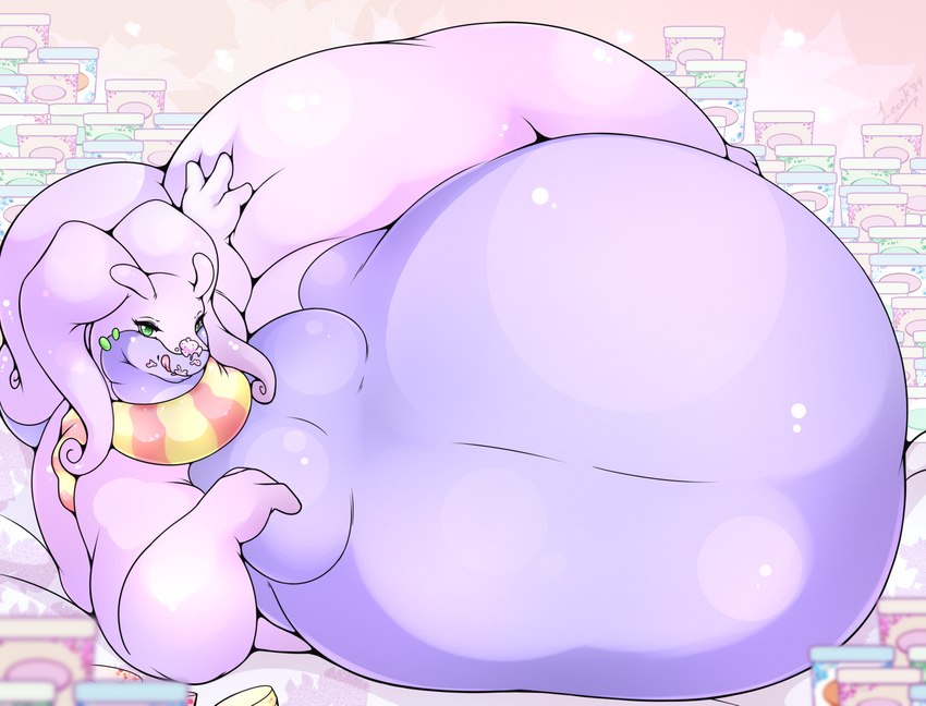 ambiguous_gender anthro belly big_belly bloated dessert eating food green_eyes hand_on_hip huge_belly hyper hyper_belly ice_cream licking licking_lips looking_at_viewer lying morbidly_obese morbidly_obese_ambiguous morbidly_obese_anthro mostly_nude obese obese_ambiguous obese_anthro on_side overweight overweight_ambiguous overweight_anthro scarf scarf_only solo tail tongue tongue_out leonkatlovre nintendo pokemon generation_6_pokemon goodra pokemon_(species) 2023 colored digital_media_(artwork) hi_res shaded