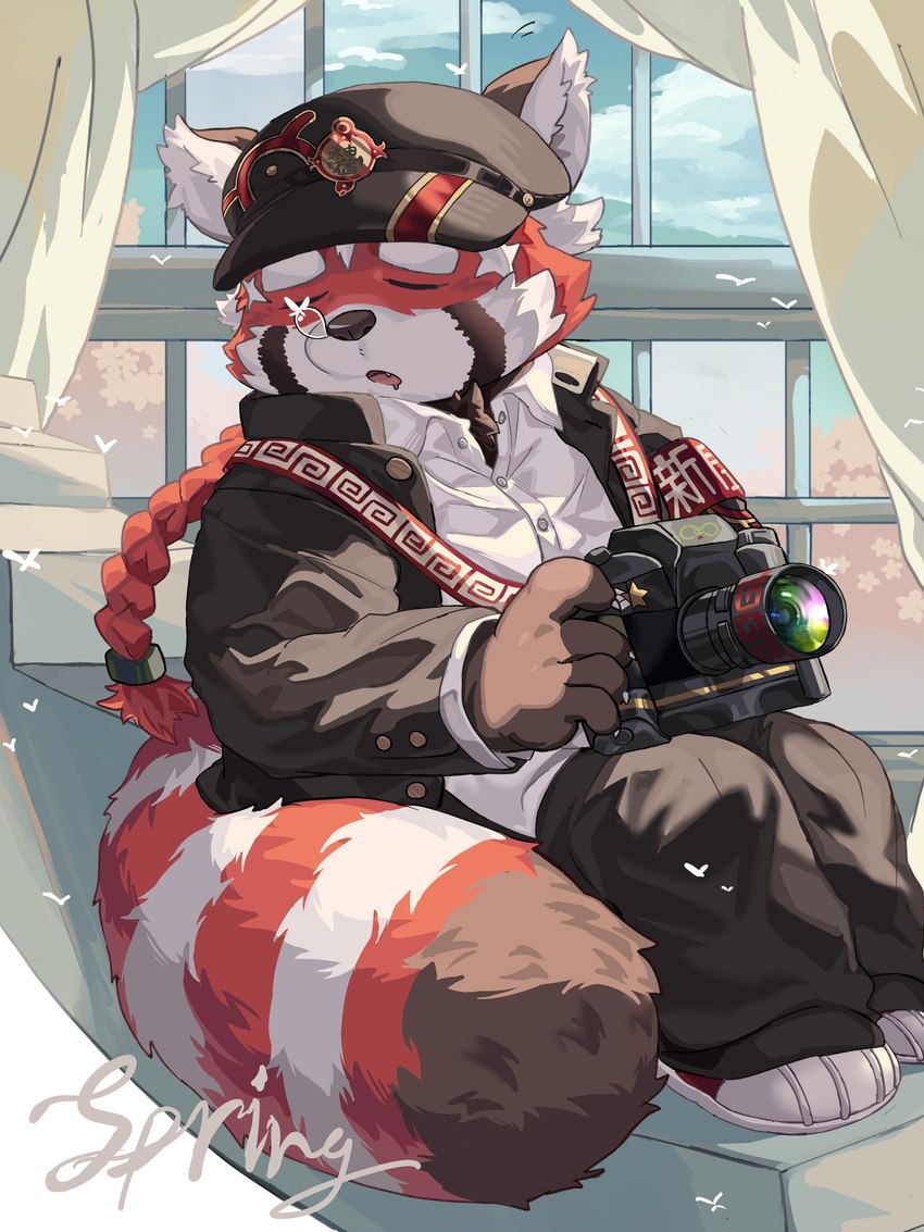 anthro belly braided_hair braided_ponytail camera clothing fur hair hat headgear headwear male ponytail red_body red_fur sleeping slightly_chubby solo window young hechaxianzhi lifewonders tokyo_afterschool_summoners zhurong_(tas) ailurid mammal red_panda 3:4 absurd_res hi_res