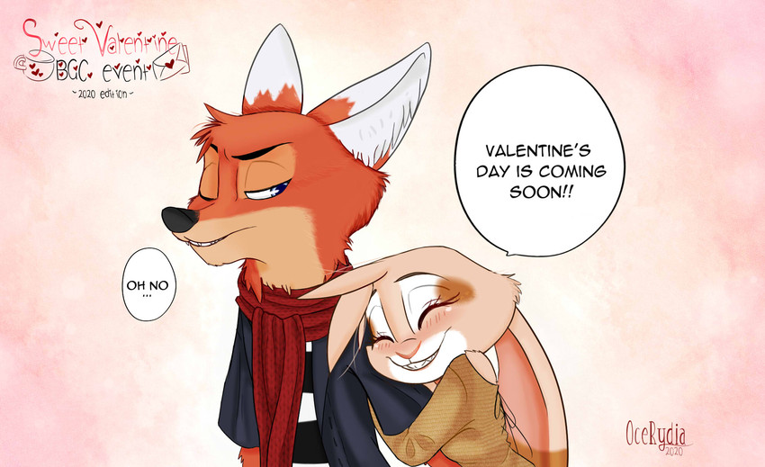 anthro blue_eyes clothed clothing dialogue duo female fur hug male male/female orange_body orange_fur red_scarf scarf simple_background smile tan_body tan_fur teeth text ocerydia bad_guy_cafe ocerydia_zoona ziegelzeig_zoona canid canine fox lagomorph leporid mammal rabbit 2020 english_text hi_res