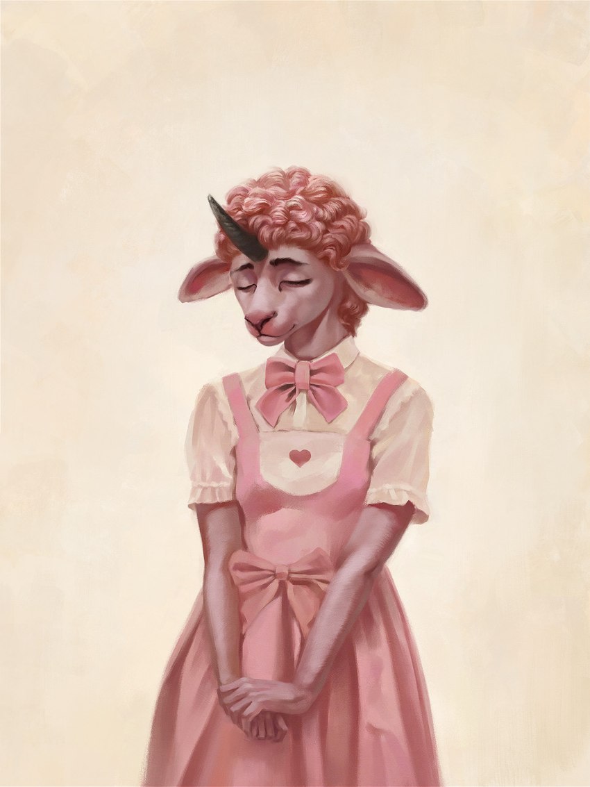 5_fingers anthro bow_tie clothed clothing dress female fingers hair horn pink_body pink_clothing pink_dress pink_hair solo bra1neater bovid caprine mammal sheep 2022 3:4 digital_media_(artwork) hi_res portrait