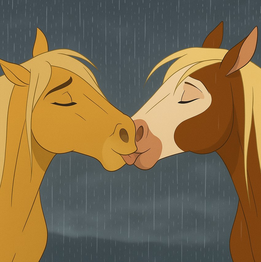 age_difference blonde_hair brown_body cloud cloudy_sky eyes_closed female female/female fur hair infidelity kiss_on_lips kissing licking licking_lips older_female romantic romantic_ambiance romantic_couple sky tongue tongue_out white_body white_fur yellow_body yellow_fur younger_female ai_generated dreamworks spirit:_stallion_of_the_cimarron esperanza_(cimarron) rain_(cimarron) equid equine horse mammal