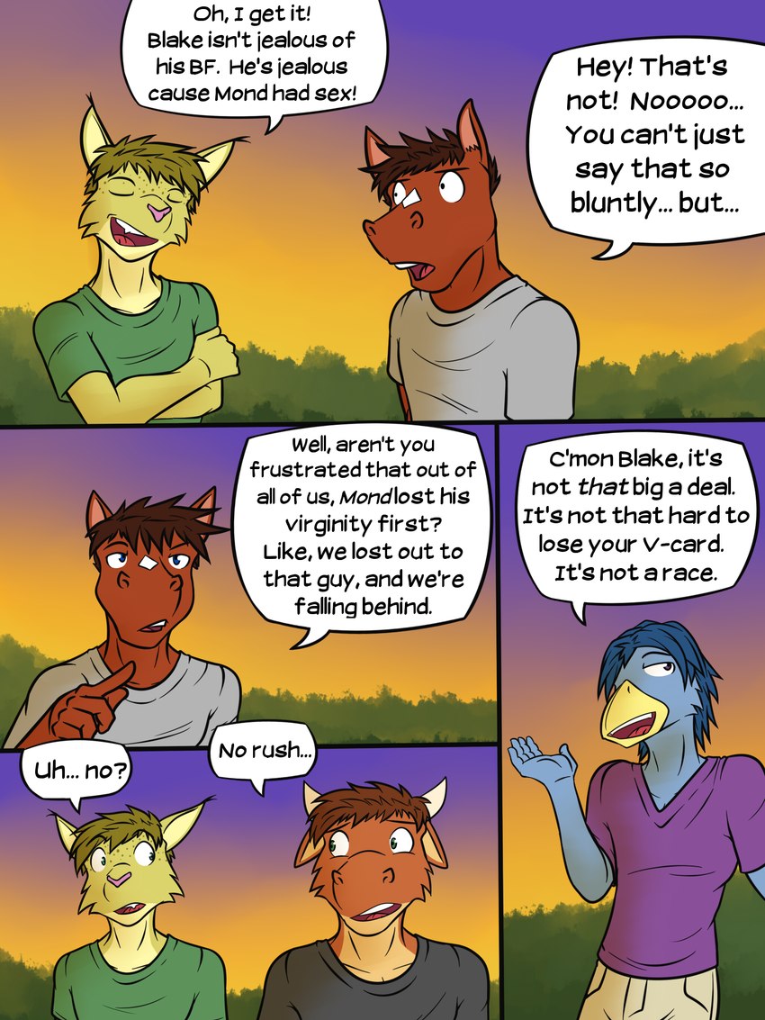 anthro clothed clothing dialogue fully_clothed group male outside shirt sunset t-shirt text topwear fuze texnatsu adam_caro blake_jackson josh_oliver ty_conrad avian bird bluebird bovid bovine cattle equid equine felid feline horse lynx mammal oscine passerine thrush_(bird) 3:4 english_text hi_res