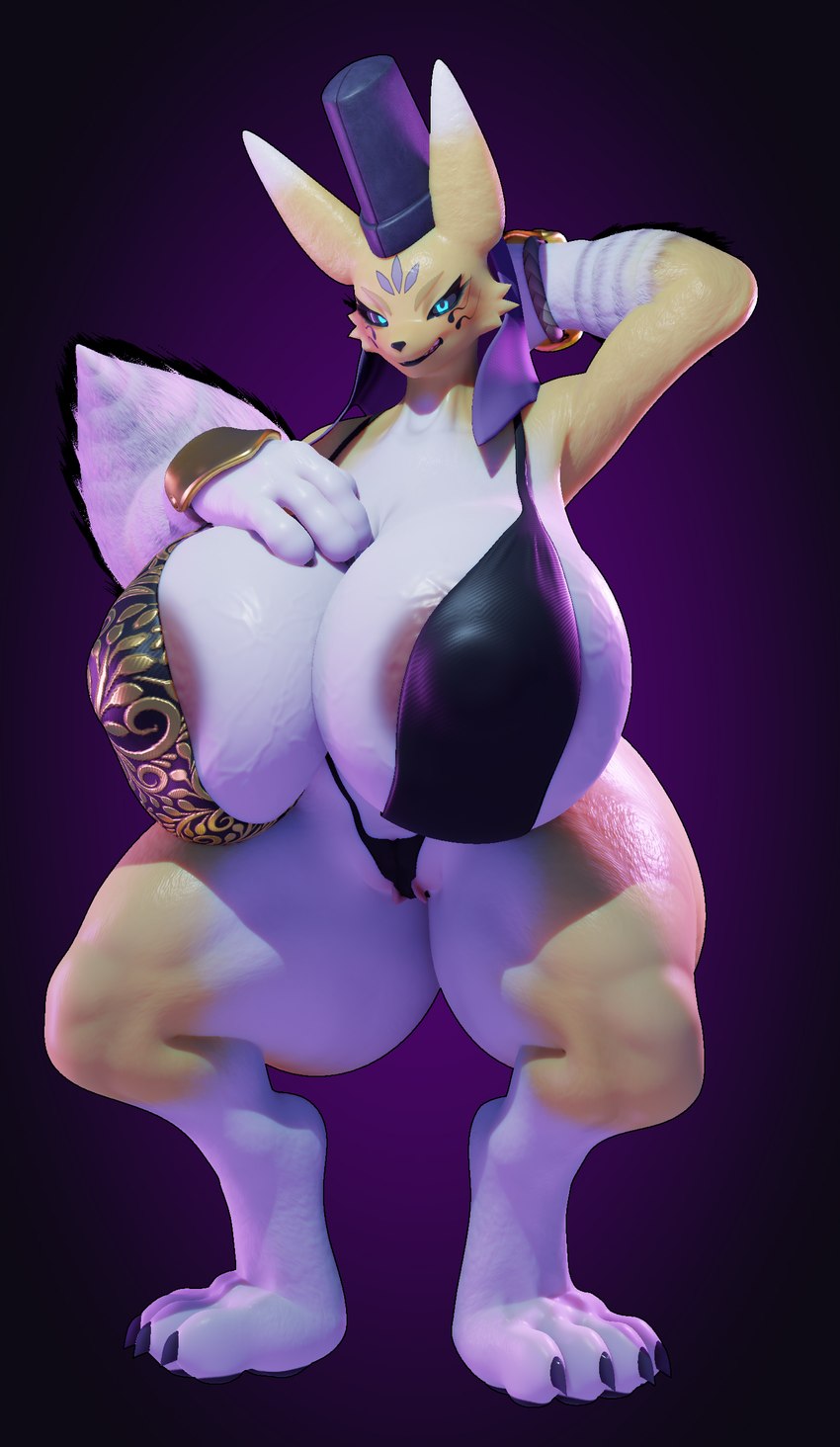 anthro areola big_breasts bikini blue_eyes breasts clothing female genitals hand_behind_head hand_on_breast hat headgear headwear huge_breasts pussy solo spread_legs spreading swimwear tail thick_thighs two-piece_swimsuit tiger_jhobs bandai_namco digimon digimon_(species) taomon 3d_(artwork) absurd_res digital_media_(artwork) hi_res