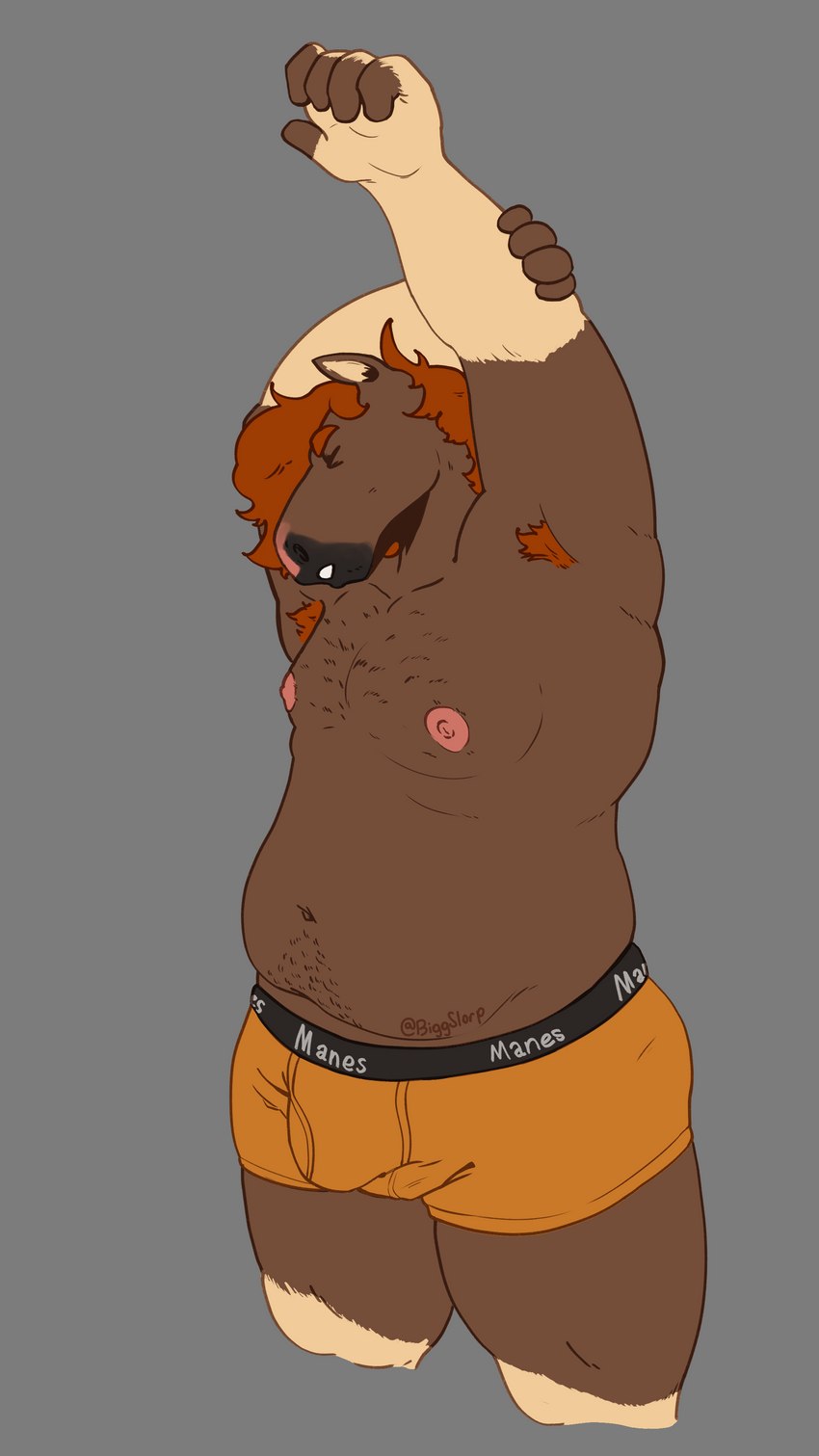 anthro belly bottomwear boxer_briefs boxer_briefs_only bulge clothed clothing eyes_closed fur hair humanoid_hands male moobs navel nipples orange_boxer_briefs orange_clothing orange_underwear overweight overweight_anthro overweight_male simple_background slightly_chubby solo stretching topless underwear underwear_only biggslorp hanes equid equine horse mammal 4k 9:16 absurd_res digital_media_(artwork) hi_res