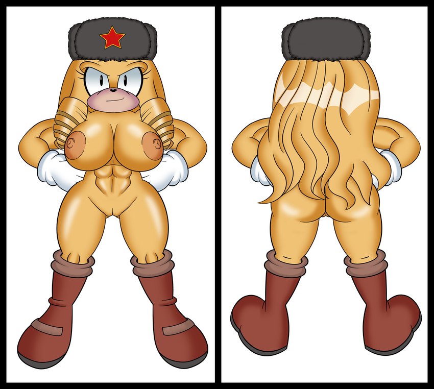 abs anthro big_breasts blonde_hair boots boots_only breasts clothing coat female footwear footwear_only fur genitals gloves hair hair_drills handwear long_hair mostly_nude muscular nipples parka pussy red_star russian shoes solo soviet_union topwear yellow_body yellow_fur mobian_monster sega sonic_the_hedgehog_(series) alek_the_bear fan_character bear mammal absurd_res hi_res