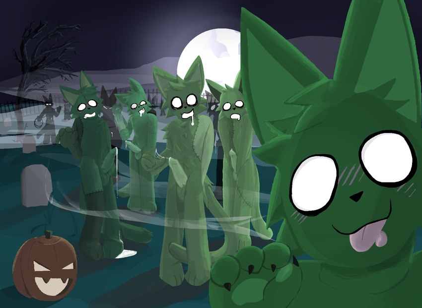 anthro balls blush blush_lines bodily_fluids cemetery claws cum cum_pool drooling fence fog food fruit fur genital_fluids genitals grass green_body green_fur group holidays looking_at_viewer male male/male moon pawpads paws penis plant precum pumpkin rope saliva scenery silhouette surgical_suture tree white_eyes snubcube halloween felid feline mammal undead zombie hi_res