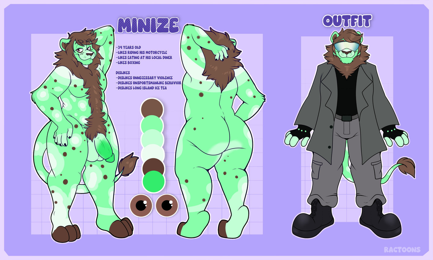 3_toes 4_fingers 5_fingers anthro arm_tuft arms_bent balls belt belt_buckle big_butt black_boots black_claws black_clothing black_footwear black_gloves black_handwear black_shirt black_topwear blue_eyewear blue_sunglasses body_hair boots bottomwear brown_eyebrows brown_eyes brown_inner_ear brown_mane brown_spots brown_tail_tuft brown_toes buckle butt claws closed_smile clothed clothed_anthro clothed_male clothing coat color_swatch elbow_tuft eyebrow_through_hair eyebrows eyewear featureless_chest feet fingerless_gloves fingers flaccid footwear front_view fully_clothed fully_clothed_anthro fully_clothed_male fur fur_markings genitals gloves green_balls green_penis green_tail grey_belt grey_bottomwear grey_clothing grey_coat grey_pants grey_topwear hair hand_behind_head hand_on_leg hand_on_own_leg hand_on_own_thigh hand_on_thigh handwear light long_tail looking_at_viewer male male_anthro mane markings mouth_closed multicolored_body multicolored_fur nude_anthro nude_male pants penis pockets pubes purple_background shirt shoes simple_background smile smiling_at_viewer solo spots spotted_body spotted_fur stated_age sunglasses tail tail_tuft text thick_thighs three-quarter_view toes topwear translucent translucent_hair tuft white_markings ractoons minize_(redzoroark) felid lion mammal pantherine 2025 absurd_res artist_name character_name colored digital_media_(artwork) english_description english_text hi_res lighting model_sheet