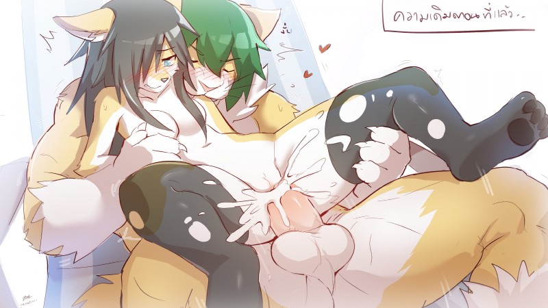 anthro balls black_hair blue_eyes blush bodily_fluids breasts clothing countershading crossgender cum cum_in_pussy cum_inside duo eyebrows eyelashes eyes_closed female female_anthro female_penetrated genital_fluids genitals gloves_(marking) green_hair hair heart_symbol interspecies kemono leg_markings legwear male male/female male_penetrating male_penetrating_female markings mostly_nude mostly_nude_anthro mostly_nude_female muscular muscular_anthro muscular_male navel nude_anthro nude_male penetration penile penile_penetration penis penis_in_pussy pussy sex socks_(marking) stockings text vaginal vaginal_penetration sollyz haruz sundyz canid canine canis domestic_cat domestic_dog felid feline felis mammal 16:9 4k absurd_res hi_res thai_text translated widescreen