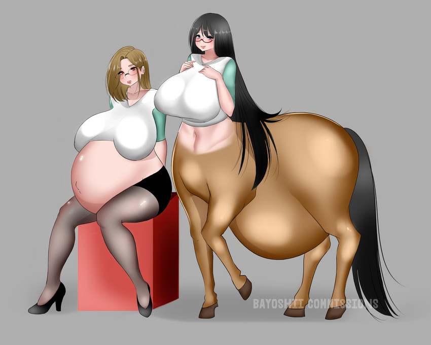 belly big_belly big_breasts black_hair both_pregnant breasts brown_hair cleavage clothed clothing duo eyewear female footwear glasses hair high_heels hooves human_focus legwear long_hair looking_at_viewer multiple_pregnancies pantyhose pregnant pregnant_taur shoes taur_lower_pregnancy bayoshii european_mythology greek_mythology mythology centaur equid equid_taur human humanoid_taur mammal mammal_taur taur absurd_res hi_res