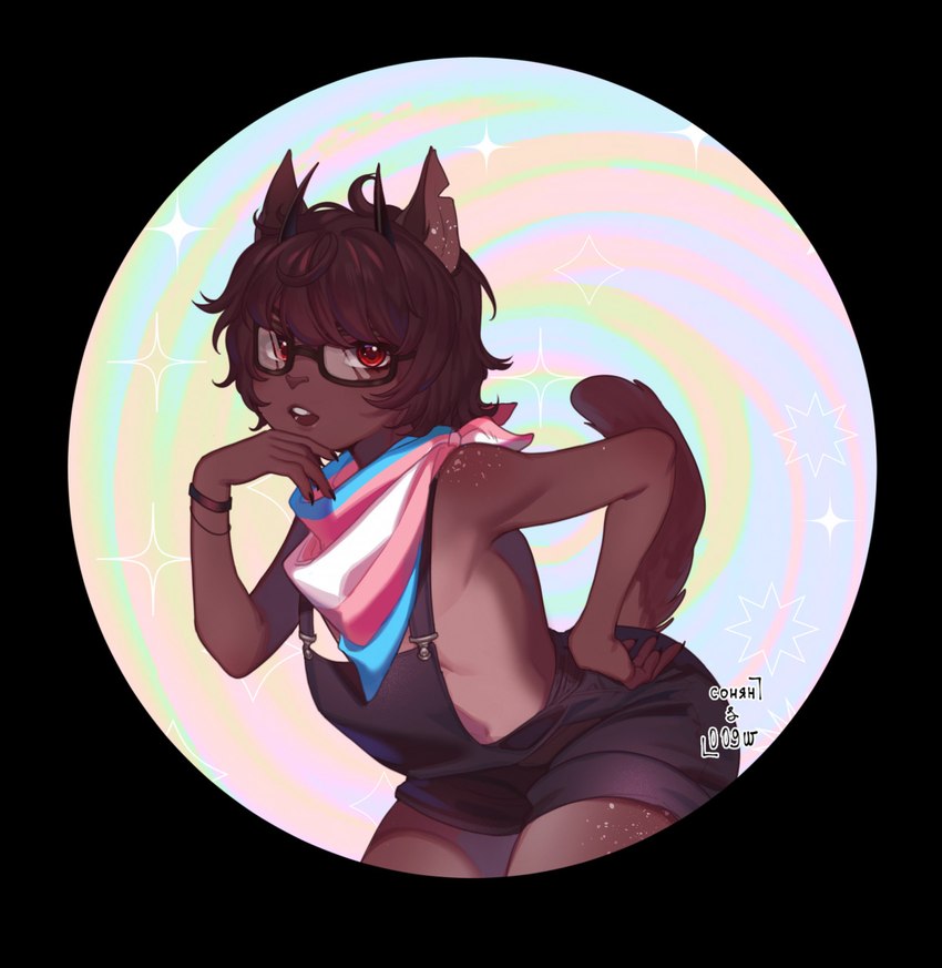 abstract_background ambiguous_gender anthro black_clothing black_horn black_overalls brown_body brown_fur brown_hair clothed clothing eyewear fur glasses glistening glistening_eyes hair horn leaning leaning_forward lgbt_pride open_mouth overalls pride_colors red_eyes short_hair solo standing transgender_pride_colors 009w sonyan hi_res signature