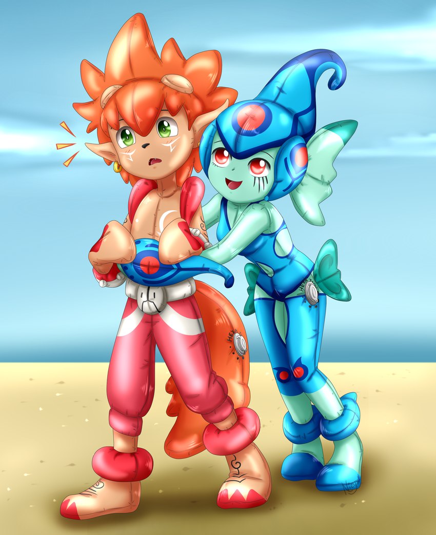 ambiguous_gender beachside duo ear_fins fin inflatable logo nozzle painted_clothing rings_on_legs simple_background nieyx bandai_namco digimon hexatoy animate_inanimate digimon_(species) flamemon humanoid living_inflatable ranamon absurd_res hi_res