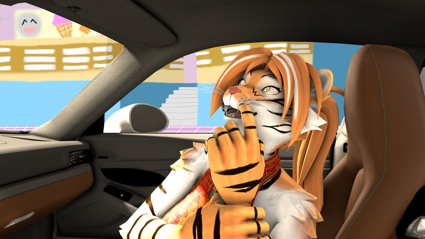 5_fingers amber_eyes anthro car clothing dessert dress female fingers food fur hair ice_cream ice_cream_cone inside_car inside_vehicle open_mouth open_smile orange_body orange_fur orange_hair popsicle popsicle_stick smile solo stairs striped_body striped_fur stripes vehicle wall_(structure) whiskers white_body white_fur white_hair bull3t jun_(petruz) felid mammal pantherine tiger 16:9 3d_(artwork) 4k absurd_res digital_media_(artwork) hi_res widescreen