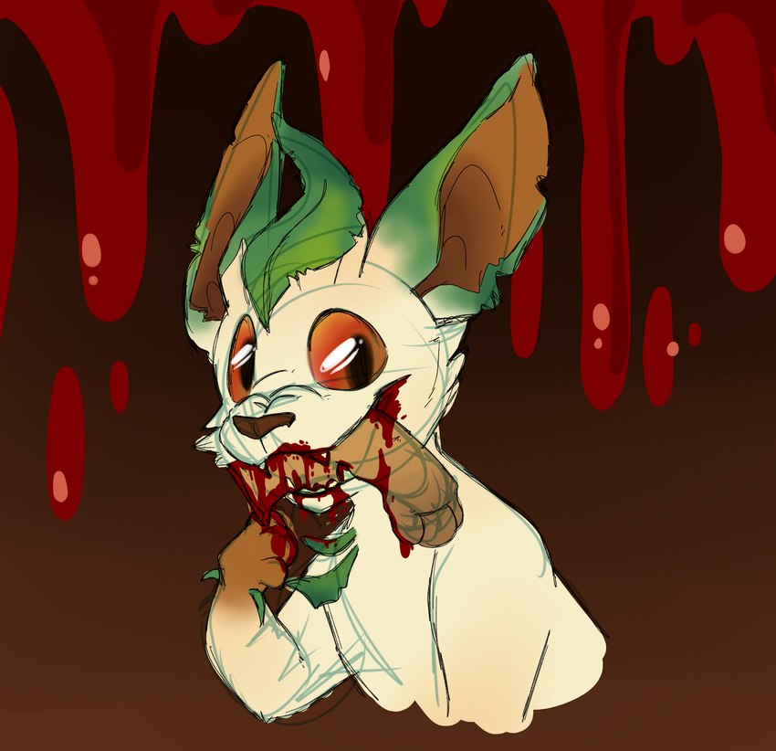 ambiguous_gender blood bloodied_background bodily_fluids cannibalism feral gore hand_in_mouth leaf looking_at_viewer missing_arm open_mouth pale_fur paws red_eyes simple_background solo teeth vore kaiizree nintendo pokemon healer_(straviios) eeveelution generation_4_pokemon leafeon pokemon_(species) 2019 bust_portrait hi_res portrait