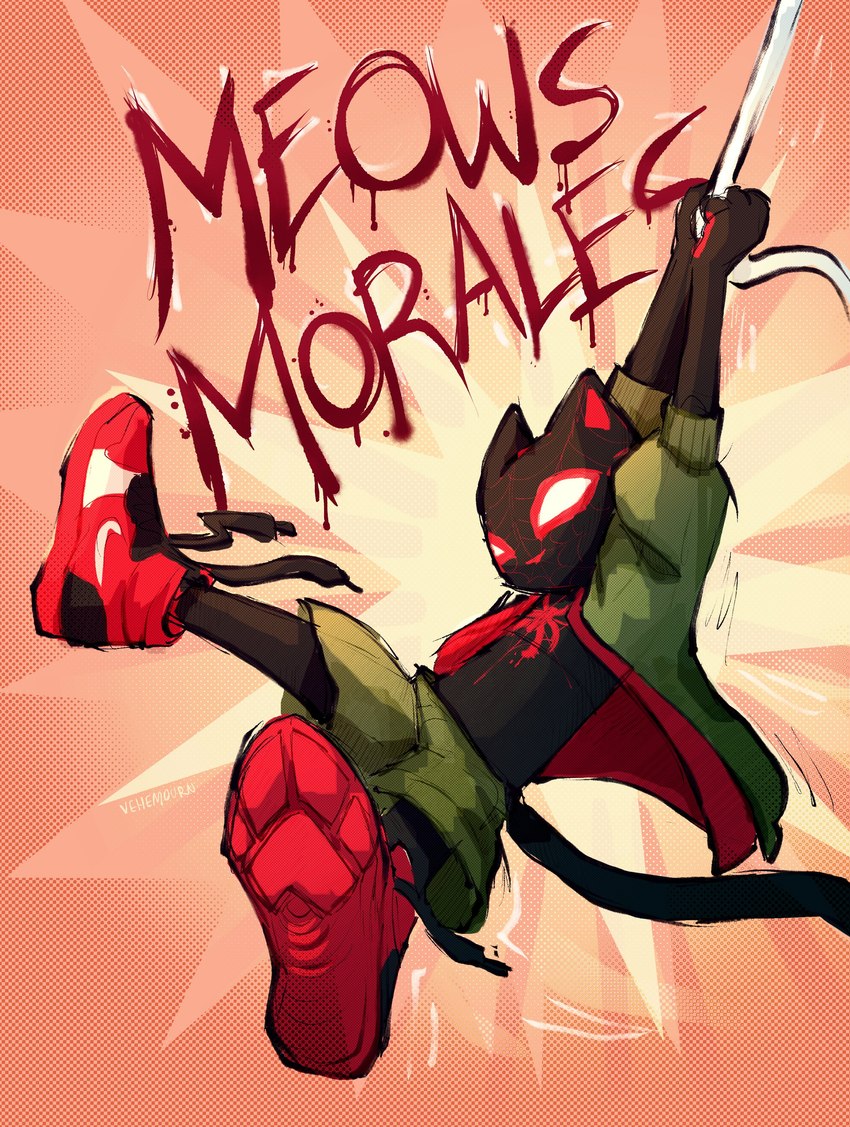 action_pose anthro black_hair bodysuit bottomwear clothing footwear hair jacket male mask pose shoes shorts skinsuit sneakers solo spider_web superhero superpowers tight_clothing topwear web_swinging vehemourn marvel nike spider-ham spider-man:_spider-verse spider-man_(series) meows_morales miles_morales domestic_cat felid feline felis mammal absurd_res hi_res