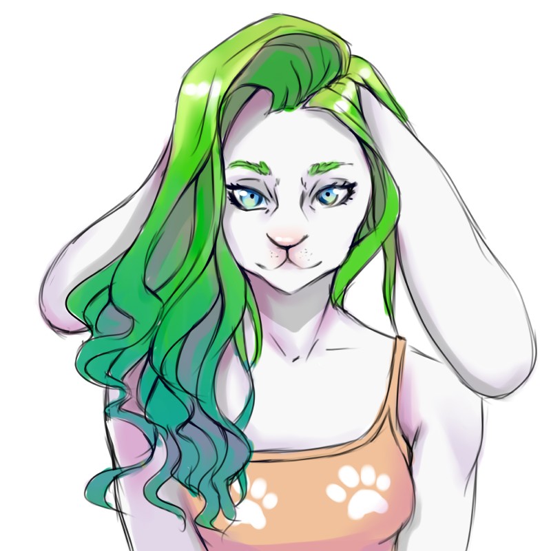 anthro blue_eyes clothed clothing female fur green_hair hair looking_at_viewer pink_nose simple_background solo white_body white_fur nastynatalie lagomorph leporid mammal rabbit 1:1 2016 absurd_res half-length_portrait hi_res portrait