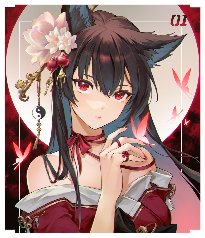 accessory animal_ear_fluff animal_ears asian_clothing bangs bare_shoulders black_hair breasts brown_hair choker clothed clothing east_asian_clothing female flower flower_in_hair fox_ears full_moon hair hair_accessory japanese_clothing jewelry kimono lips long_hair looking_at_viewer moon mouth_closed multicolored_hair necklace night outside plant red_background red_choker red_clothing red_eyes red_jewelry red_kimono red_necklace red_ribbon ribbon_choker ribbons sidelocks simple_background solo standing upper_body yin_yang minj_kim animal_humanoid arthropod butterfly canid canine fox humanoid insect lepidopteran mammal mammal_humanoid absurd_res hi_res