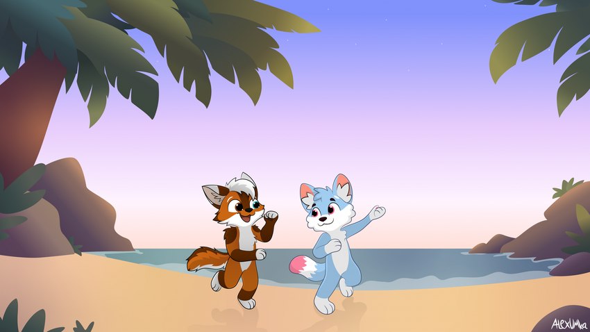 anthro beach blue_body blue_fur brown_body brown_eyes brown_fur chibi detailed_background dipstick_tail duo fluffy fur hair male male/male markings orange_body palm_tree paws pink_eyes pink_tail_tip plant rock running sea shrub sunrise sunset tail tail_markings tree water white_hair alexumka deffy umkashka canid canine canis domestic_cat domestic_dog felid feline felis fox mammal hi_res