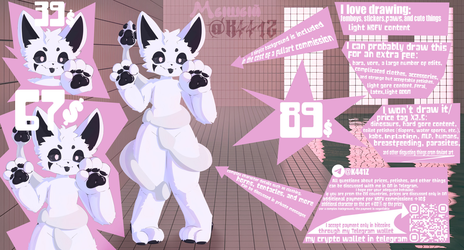 3_toes 4_fingers anthro big_ears big_hands black_ears black_eyes black_inner_ear black_markings black_nose black_pawpads black_paws black_sclera black_tongue blep blush cheek_tuft claws cute_fangs detailed_background eyebrows facial_tuft fangs feet femboy finger_claws fingers floor fluffy fluffy_tail front_view fur gesture glistening glistening_pawpads hair happy head_markings head_tuft hindpaw inside kemono latex logo looking_at_viewer male male_anthro markings money monotone_body mouth_closed multi_arm multi_limb nude open_mouth open_smile pawpads paws pink_eyes pointy_ears pose price_listing qr_code simple_background slightly_chubby slime smile smiling_at_viewer solo speech_bubble standing symbol tail teeth tentacles text thick_thighs toes tongue tongue_out transformation tuft unusual_anatomy waving white_body white_ears white_eyes white_feet white_fur white_hair wide_hips k441z changed_(video_game) squid_dog_(changed) canid canine canis goo_creature hybrid mammal absurd_res artist_name cel_shading cover detailed digital_drawing_(artwork) digital_media_(artwork) digital_painting_(artwork) english_text full-length_portrait hi_res model_sheet painting_(artwork) portrait shaded signature watermark