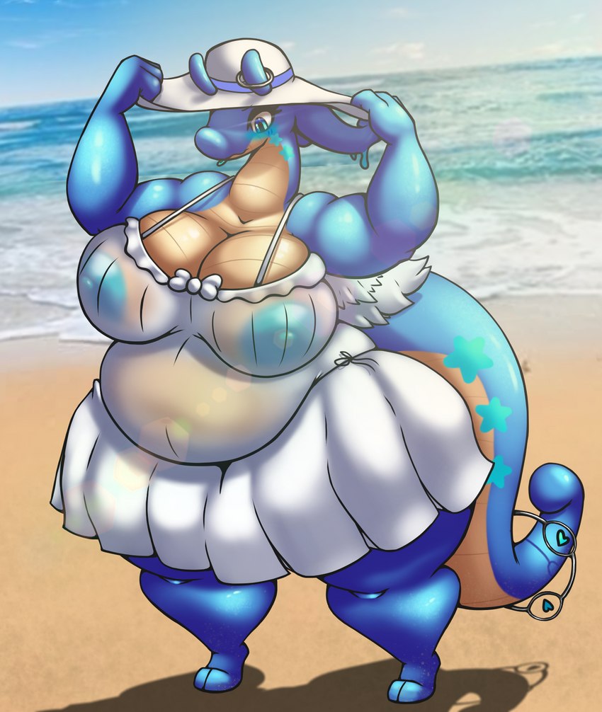 2_toes anthro beach belly big_breasts blue_body blue_eyes blue_nipples blush breasts clothed clothing dress eyelashes feathered_wings feathers feet female hat headgear headwear heart_symbol high-angle_view holding_clothing holding_hat holding_headgear holding_headwear holding_object navel nipples overweight overweight_female ring sea seaside sky solo star summer summer_dress summer_hat tail thick_thighs toes translucent translucent_clothing water wet wet_clothing white_clothing white_dress wings z_dragon mythology nintendo pokemon dragon generation_6_pokemon goo_creature goodra mythological_creature mythological_scalie pokemon_(species) scalie hi_res