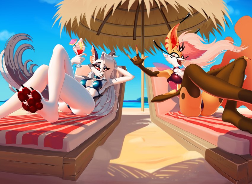 5_fingers antennae_(anatomy) anthro beach beach_chair beach_umbrella beverage biped black_body black_bra black_clothing black_fur black_nose black_underwear bra choker clothing cloud crossed_legs day detailed_background duo ethereal_hair ethereal_tail eyebrow_piercing eyebrows eyelashes facial_piercing fangs female fingers freckles fur glistening glistening_body grey_body grey_fur grey_hair hair hand_behind_head head_markings holding_glass holding_object insect_wings jewelry looking_at_viewer lying markings multi_arm multi_limb multicolored_body multicolored_fur multicolored_hair multicolored_tail necklace on_back open_mouth open_smile orange_body orange_fur orange_sclera orange_tail outside panties parasol pawpads paws piercing pink_eyes pink_hair red_sclera sand sea seaside smile tail teeth tuft two_tone_body two_tone_fur two_tone_legs underwear water wings drawx helluva_boss mythology loona_(helluva_boss) queen_bee-lzebub_(helluva_boss) arthropod bee canid canid_demon canine demon hellhound hymenopteran insect mammal mythological_canine mythological_creature hi_res