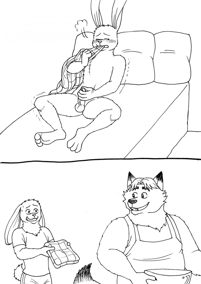 anthro balls bed blush bottomwear clothing duo erection eyes_closed furniture genitals male masturbation pants penis pillow shirt slightly_chubby topwear bernielover disney zootopia fan_character gideon_grey nate_hopps canid canine fox lagomorph leporid mammal rabbit red_fox true_fox 2023 comic hi_res monochrome