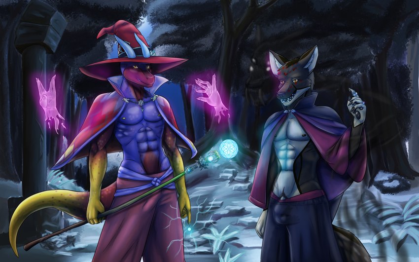 abs anthro belt biceps bottomwear brown_body brown_fur bulge cape claws clothed clothing detailed_background disembodied_hand duo fur genitals ghost_hand hair hat headgear headwear jewelry looking_at_viewer mage_hand magic magic_hands magic_staff magic_user male multicolored_body muscular muscular_anthro muscular_male nipples outside pants pawpads pecs plant pubes purple_body red_body ring ruins shadow smile staff standing tail teeth tree two_tone_body witch_hat wizard_hat yellow_body yellow_eyes howlfeiwolf chanda_nalini luka_(howlfeiwolf) canid canine canis lizard mammal reptile scalie shadow_creature wolf 16:10 absurd_res digital_media_(artwork) hi_res widescreen