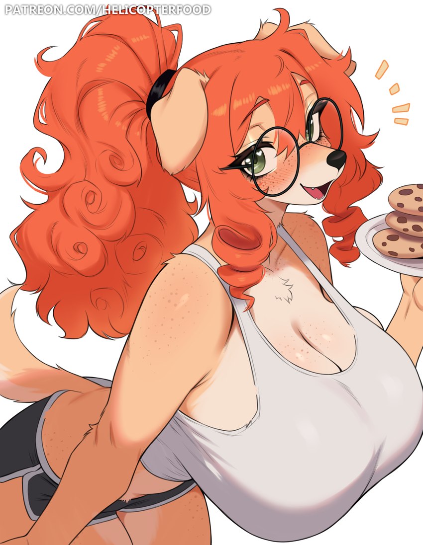 accessory anthro bent_over big_breasts blush bottomwear breasts candy chocolate chocolate_chip_cookie chocolate_chips cleavage clothed clothing cookie dessert eyewear female floppy_ears food freckled_face freckled_shoulders freckles fur glasses green_eyes hair hair_accessory hair_tie hotpants huge_breasts orange_hair ponytail round_glasses shirt shorts solo tail tan_body tan_fur tank_top topwear wearing_glasses kuru_tyan kuru_(kuru_tyan) canid canine canis domestic_dog mammal hi_res