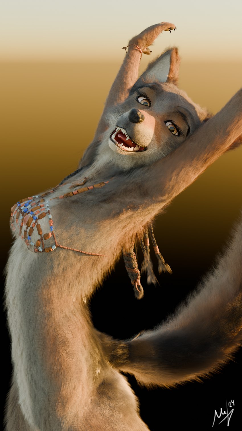 anthro areola biped breasts female female_anthro fur happy nipples pose raised_arm small_breasts smile solo reaching_art naala canid canine canis domestic_dog fox mammal wolf 3d_(artwork) 9:16 blender_(artwork) digital_media_(artwork) hi_res