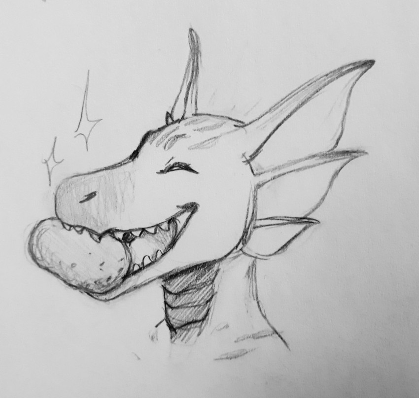 anthro ear_fins female fin food plant potato simple_background smile solo striped_body stripes vegetable white_background canned_(artist) mythology norna dragon mythological_creature mythological_scalie reptile scalie greyscale headshot_portrait monochrome pen_(artwork) portrait traditional_media_(artwork)