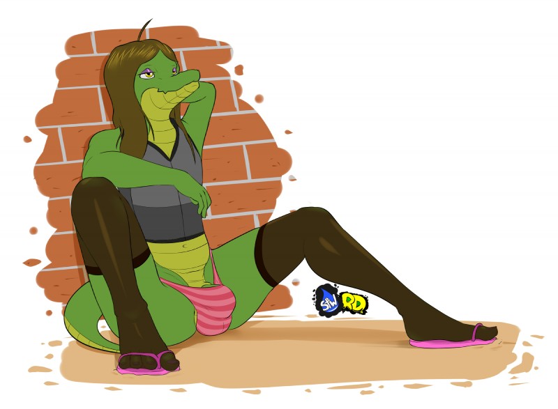 anthro balls biped brown_hair bulge clothing feet femboy genitals green_body green_skin hair legwear male panties solo stockings underwear yellow_eyes dr_zombie russie alligator alligatorid crocodilian reptile scalie 2018 hi_res