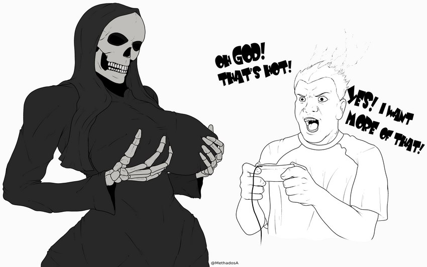 big_breasts bone breasts cloak clothed clothing controller crossgender dialogue duo female holding_breast holding_controller holding_object male mtf_crossgender not_furry skeleton skull text methados oney_plays the_irate_gamer_show irate_gamer ronnie_the_skeleton animated_skeleton human humanoid mammal undead 2020 absurd_res english_text hi_res monochrome