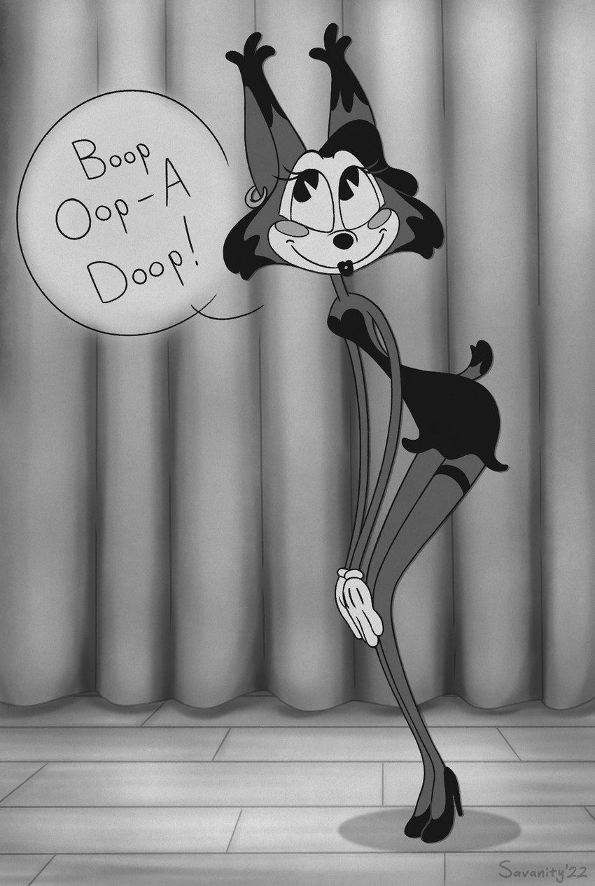 anthro clothed clothing cosplay crossgender female hair inside lips rubberhose solo toony betty_boop_(series) paramount_pictures bax_the_lynx betty_boop felid feline felis lynx mammal 2022 dated digital_media_(artwork) greyscale hi_res monochrome