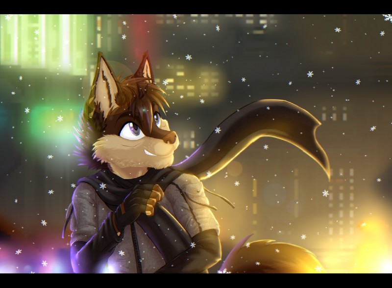 5_fingers anthro black_bars brown_body brown_fur brown_hair city clothed clothing fingerless_gloves fingers front_view fur gloves hair handwear looking_aside looking_up male night outside scarf short_hair smile snow snowing solo tan_body tan_fur nightangeltdc canid canine canis domestic_dog mammal 2017 bust_portrait portrait