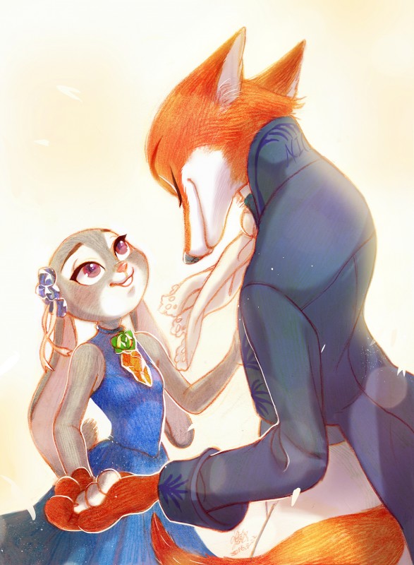 anthro clothing dancing dress duo eyes_closed female fur grey_body grey_fur hand_holding long_ears male orange_body orange_fur predator/prey purple_eyes size_difference smile weketa disney zootopia judy_hopps nick_wilde canid canine fox lagomorph leporid mammal rabbit red_fox true_fox 2016 digital_media_(artwork) hi_res