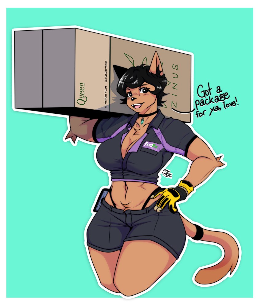 anthro big_breasts bottomwear breasts brown_body brown_fur choker clothed clothing crop_top delivery_(commerce) delivery_employee female fur hair holding_object jewelry midriff muscular necklace shirt short_hair shorts simple_background solo thick_thighs topwear gulasauce_(artist) fedex mia_helsinki felid feline mammal absurd_res hi_res