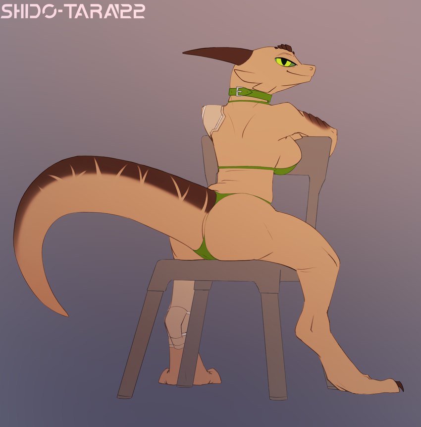 anthro bikini bikini_bottom bikini_thong bikini_top chair clothing collar cybernetic_limb cybernetics female furniture looking_at_viewer machine on_chair panties simple_background sitting sitting_on_chair solo straddling_chair swimwear tail two-piece_swimsuit underwear conditional_dnp shido-tara 6-9 cyborg lizard reptile scalie hi_res sketch