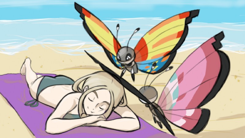 ambiguous_gender antennae_(anatomy) beach bikini blonde_hair butt clothing detailed_background eyes_closed female feral group gym_leader hair lying on_front on_towel open_mouth outside sand sea seaside sky sleeping smile sunbathing swimwear towel two-piece_swimsuit water alpacapala nintendo pokemon viola_(pokemon) arthropod generation_6_pokemon human insect lepidopteran mammal meadow_vivillon ocean_vivillon pokemon_(species) vivillon