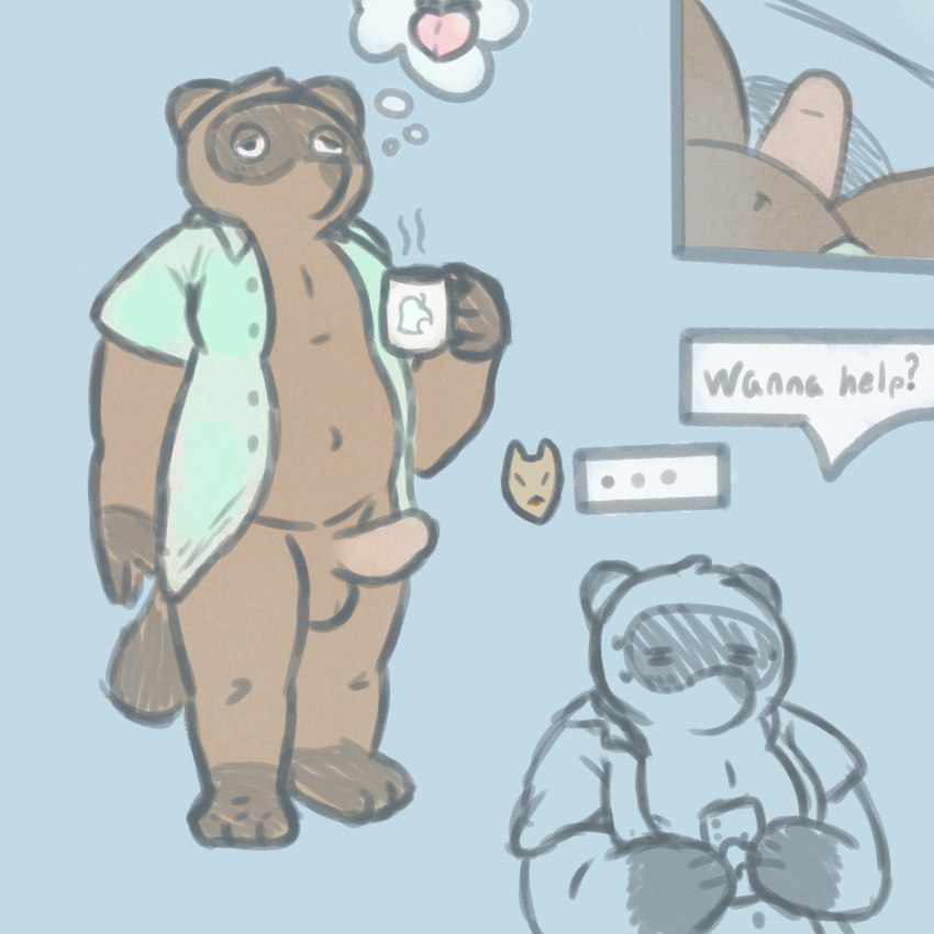 anthro balls belly brown_body brown_fur clothing derp_eyes erection fur genitals male moobs nude overweight overweight_anthro overweight_male penis simple_background solo tail text topwear jellybeankofi animal_crossing nintendo tom_nook_(animal_crossing) canid canine mammal raccoon_dog tanuki 1:1 digital_drawing_(artwork) digital_media_(artwork) hi_res