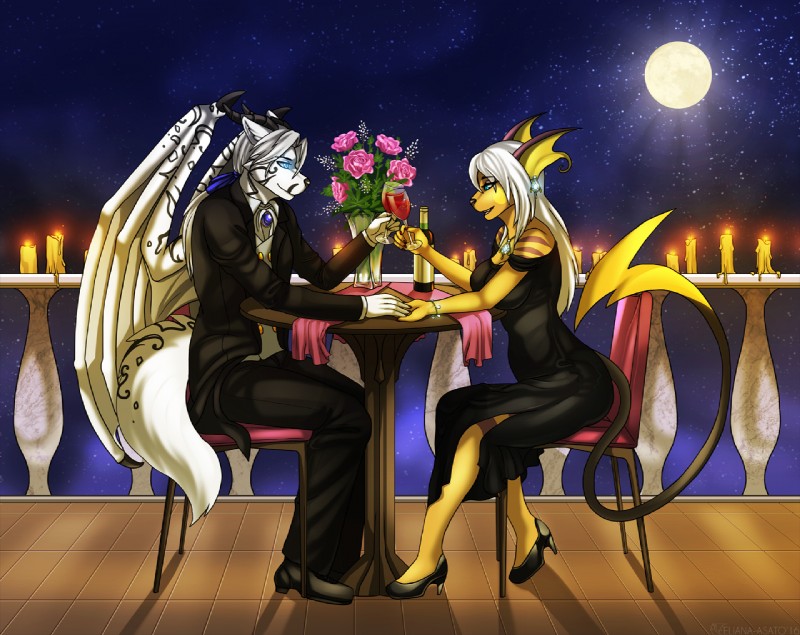 alcohol anthro beverage blue_eyes candle clothing dress duo female flower footwear fur hair high_heels holidays jewelry male membrane_(anatomy) membranous_wings moon night plant romantic romantic_ambiance romantic_dinner rose_(flower) shoes sky smile star starry_sky suit tail white_body white_fur white_hair wine wings yellow_body yellow_fur eliana-asato mythology nintendo pokemon valentine's_day canid canine canis dragon generation_1_pokemon hybrid mammal mythological_creature mythological_scalie pokemon_(species) raichu scalie wolf 2016