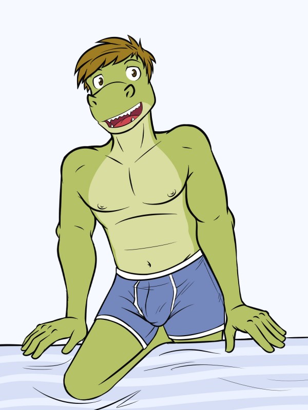 anthro boxer_briefs brown_hair bulge clothed clothing green_body hair male navel nipples simple_background solo topless underwear white_background fuze gabriel_(fuze) alligator alligatorid crocodilian reptile scalie 3:4 hi_res