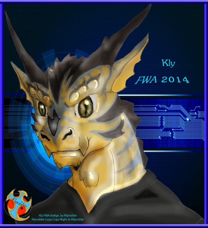 anthro horn male solo text klynolder fwa mythology kly dragon mythological_creature mythological_scalie scalie bust_portrait character_badge_(artwork) english_text portrait