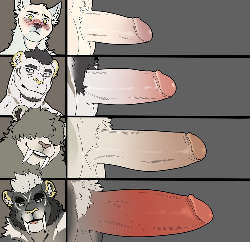 anthro big_penis blush chart comparing comparing_penis countershading erection facial_hair fur genitals grey_body grey_fur group group_nudity hair hair_over_eyes heterochromia humanoid_genitalia humanoid_penis male multicolored_body multicolored_fur nude penis penis_chart penis_size_difference pubes realistic_penis_size simple_background small_penis teeth text tongue tongue_out tusks two_tone_body two_tone_fur white_body white_fur bluesh penis_lineup chris_(bluesh) jacob_(bluesh) matt_(bluesh) canid canine canis felid mammal prehistoric_species saber-toothed_tiger wolf hi_res translated