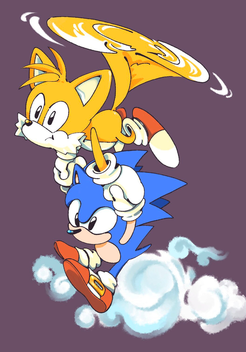 anthro black_eyes blue_body blue_fur carrying_another clothing duo flying footwear fur gloves hand_holding handwear male purple_background shoes simple_background white_body white_fur yellow_body yellow_fur mennnntaiko classic_sonic_(universe) sega sonic_the_hedgehog_(series) classic_sonic classic_tails miles_prower sonic_the_hedgehog canid canine eulipotyphlan fox hedgehog mammal 2020 hi_res