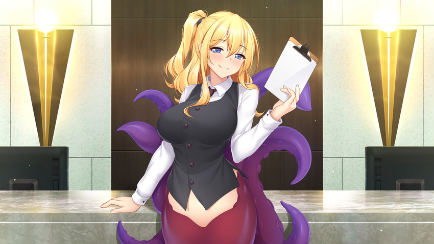 arm_support big_breasts black_clothing black_topwear black_vest blonde_hair blue_eyes blush breasts button_(fastener) clipboard clothing collared_shirt eyebrow_through_hair eyebrows female game_cg hair hair_between_eyes half-closed_eyes holding_clipboard holding_object long_hair long_sleeves looking_at_viewer monster_girl_(genre) narrowed_eyes necktie ponytail shirt side_ponytail sidelocks smile solo standing suction_cup tentacles topwear translucent translucent_hair vest white_clothing white_shirt white_topwear uosaasou existence nell_(existence) animal_humanoid cephalopod cephalopod_humanoid human humanoid mammal marine marine_humanoid mollusk mollusk_humanoid octopus_humanoid 16:9 4k absurd_res hi_res widescreen