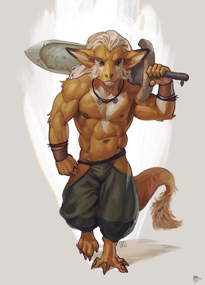 abs anthro bulge claws clothed clothing fur green_eyes hair long_ears long_hair looking_at_viewer male melee_weapon navel nipples pecs short_body solo sword topless weapon white_hair yellow_body yellow_fur jerome_jacinto zulfir unknown_species 2023 absurd_res hi_res