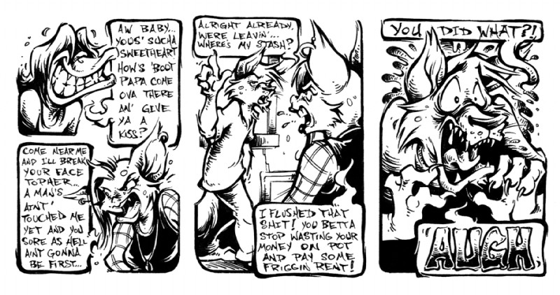 annoyed anthro bottomwear clothed clothing dialogue ear_piercing ear_ring female group male pants piercing ring_piercing shirt shocked smile speech_bubble standing t-shirt text topwear kim_arndt moondog_(comic) giselle_(kim_arndt) moondog_(kim_arndt) topher_(kim_arndt) bat canid canine canis mammal monotreme platypus archived_source black_and_white comic english_text monochrome